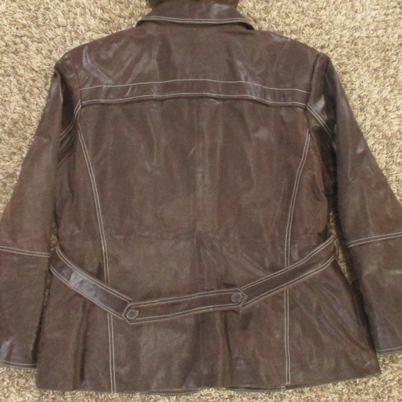 Columbia Vintage Y2K Leather Jacket XL Brown Hooded Pockets Button Front Quilted - Picture 5 of 8